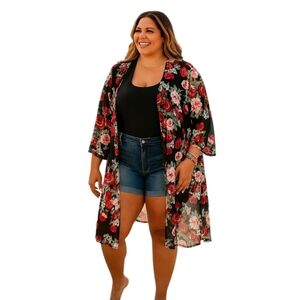 Plus Floral Duster Objex Jacket Vest Rose Red Black Mesh Romantic Bell 2X